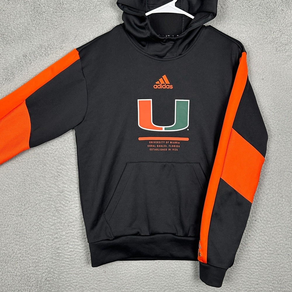 Miami Hurricanes Adidas Hoodie Mens Small Black Orange Pullover Sweatshirt EUC